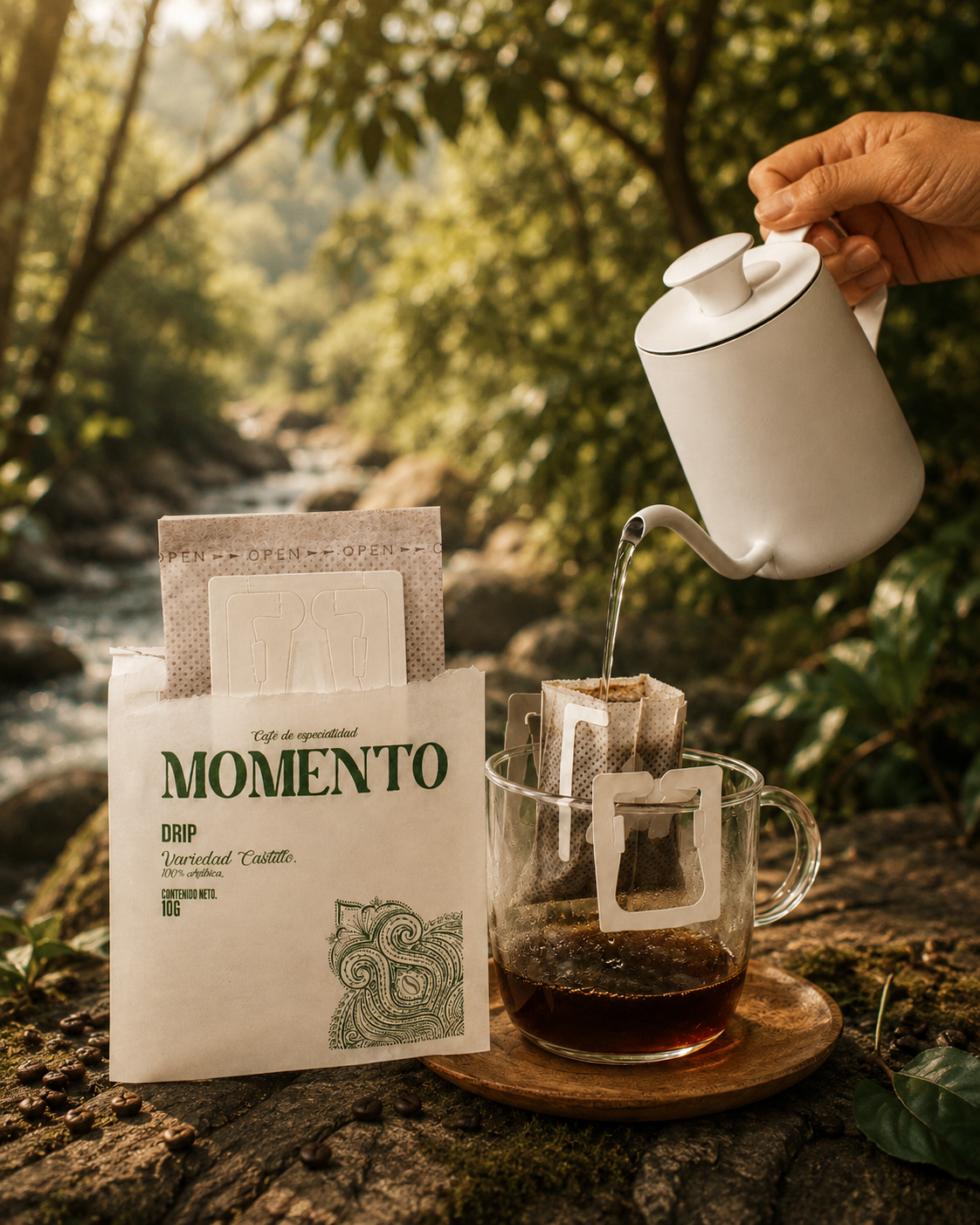 Café Momento en una caminata junto a una cascada