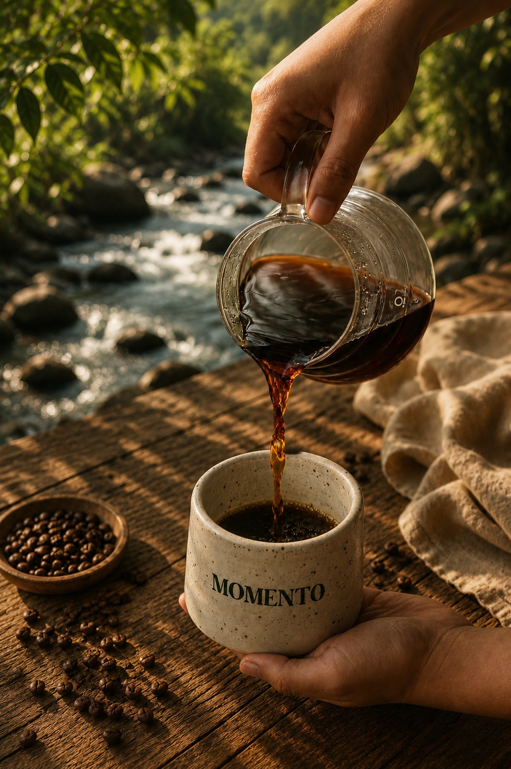 Preparación de café Momento en método de goteo al aire libre