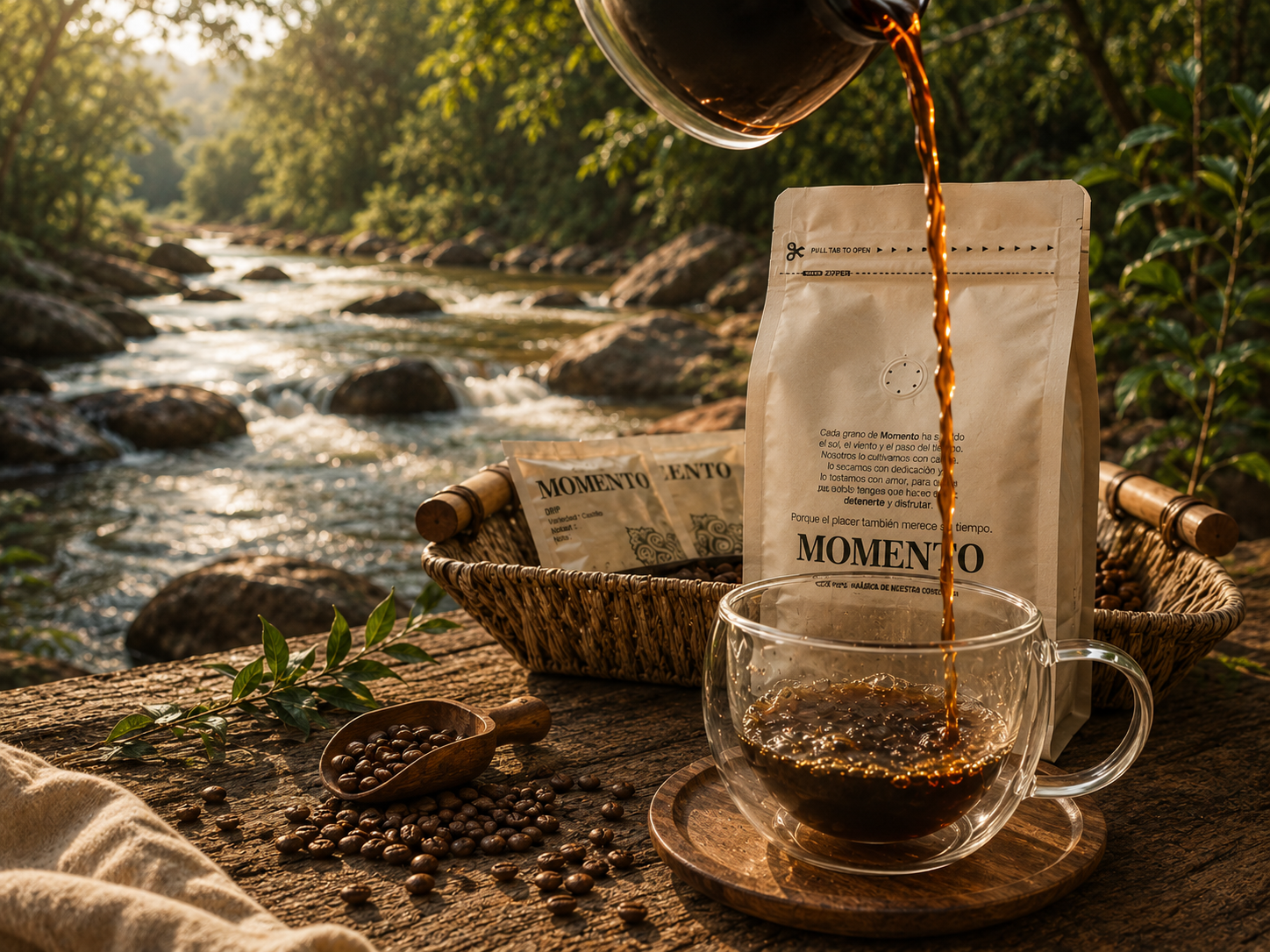 Momento de pausa con café frente al río