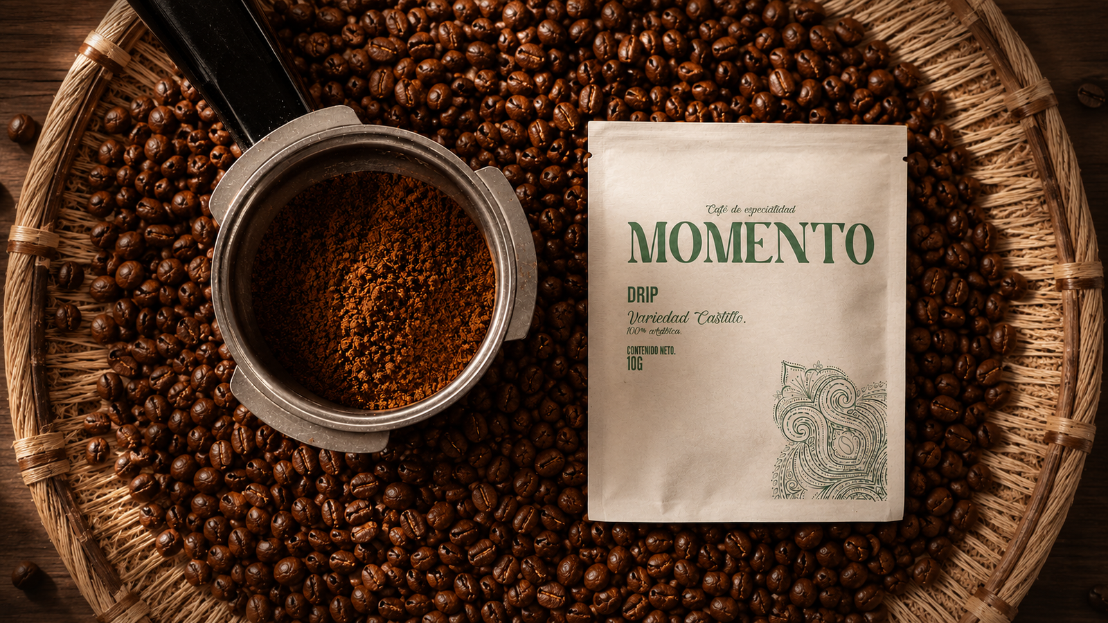 Café Momento servido junto a un letrero de la marca